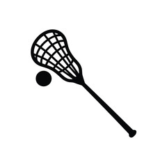 A simple black and white illustration of a lacrosse stick and ball