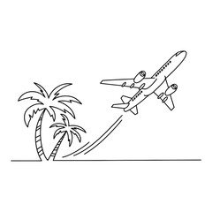A simple line drawing of an airplane taking off near palm trees