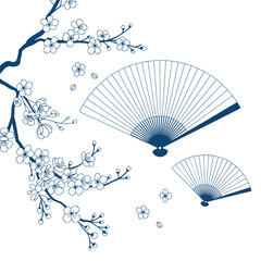 Cherry blossom branch with traditional japanese fans a delicate design