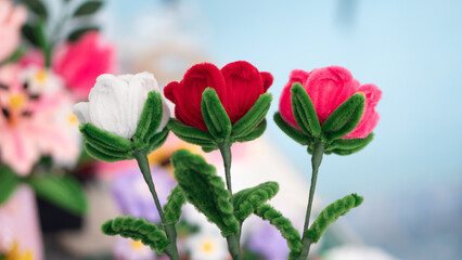 Handmade artificial rose flowers made from colorful fuzzy pipe cleaners or chenille stems. Red, pink and white DIY craft gift for Valentine's Day or Mother's Day love concept.