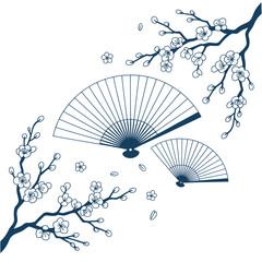 Elegant floral branch and traditional japanese fans in minimalist design