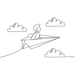 A boy dreams of flying with a paper airplane and fluffy clouds