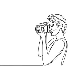 A single line drawing of a woman holding and using a camera