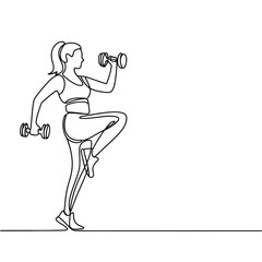 Dynamic woman exercising with dumbbells in a minimalist line art style