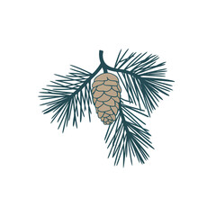 A delicate pinecone hangs with a sprig of evergreen needles