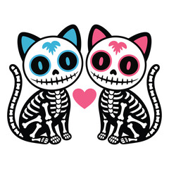 Two sugar skull cats with a heart a festive halloween illustration