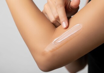 A person applying white cream or lotion on their arm, showcasing skincare routine with a smooth texture