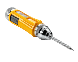 Screwdriver with yellow handle and metal tip, laying diagonally