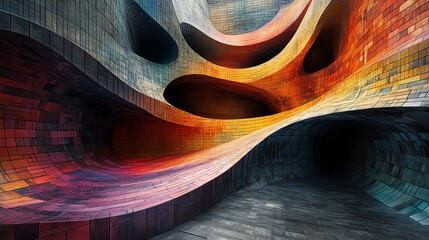 Abstract Colorful Curved Architectural Structure with Vibrant Red Yellow Blue Tones
