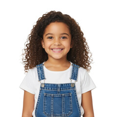 Young girl in overalls smiling, isolated on transparent background