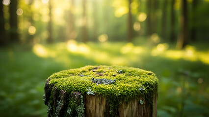 Moss Covered Tree Stump in Sunlit Forest &ndash; Fresh Green Nature Background