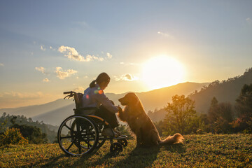 Silhouette of young girl in a wheelchair playing with her Golden Retriever dog together on mountain sunset , a touching scene of companionship, loyalty, and hope