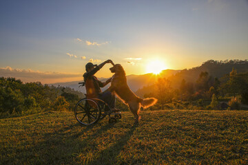 Silhouette of male in a wheelchair playing with his Golden Retriever dog together on mountain sunset , a touching scene of companionship, loyalty, and hope