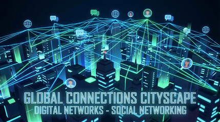 Global digital networking event in urban cityscape visualizing social connections and networks at night