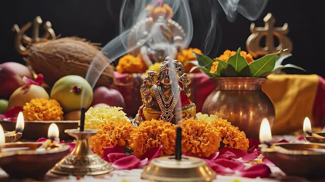 Kamada Ekadashi background with fasting ritual symbols and incense smoke devotion