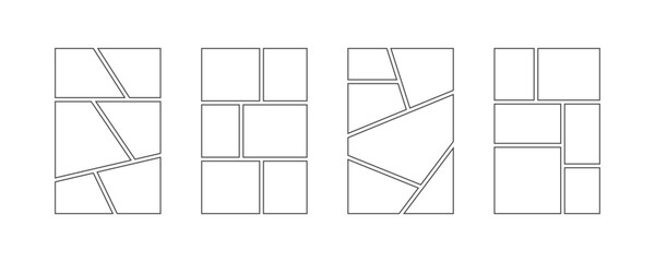 Comic book panel frame collection. Pop art template grid page set. Empty image collage moodboard layout pack. Picture mood board ideas. Storyboard design pack for photo, poster, manga mockup. Vector