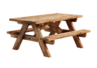 Rustic picnic table with weathered wood isolated on black, cross-braced legs
