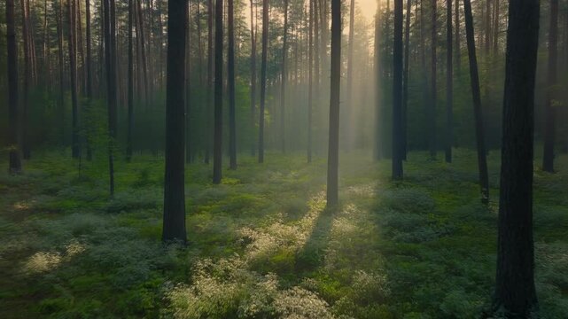 Sunlight streams through tall trees in a lush green forest landscape. Ideal for nature websites, environmental blogs, or wellness materials.