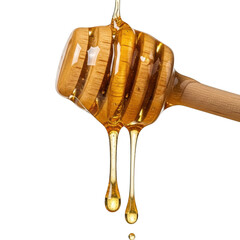 Honey dripping from dipper, isolated on transparent background