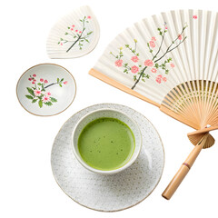 Traditional Japanese Matcha Tea, Sakura Fan, and Bowls on White on transparent background