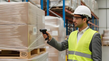Warehouse worker using barcode scanner on pallet of boxes with safety vest and hard hat, logistics and inventory management