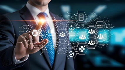 Businessman touches an innovative digital interface, representing modern business management, process optimization, and technological integration for future growth and efficiency