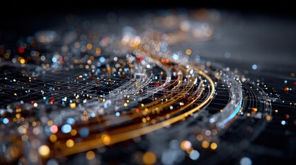 Abstract digital visualization of interwoven glowing spheres and lines