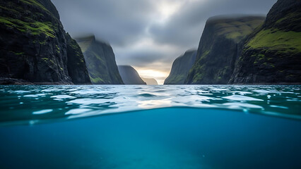 Ocean Water Between High Cliffs with Dramatic Sky &ndash; Scenic Coastal Nature Landscape
