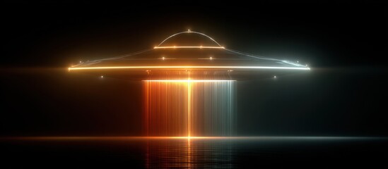A glowing, futuristic spacecraft hovers, beaming light downwards, reflecting