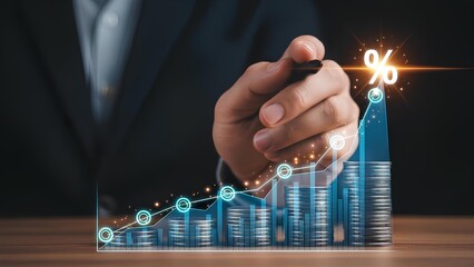 Financial growth and profit increase represented by a rising bar chart with stacks of coins and a percentage symbol