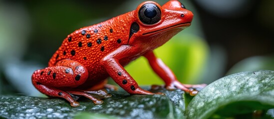 Red poison dart frog on leaf, rainforest background, wildlife