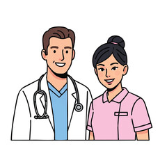 Obraz premium Cartoon illustration of a smiling male doctor and female nurse standing together against a clean white background with a cute and friendly mood.