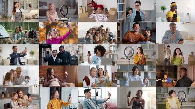 This collage showcases individuals from various backgrounds participating in video calls on smartphones. They are in different environments, expressing emotions of joy and connection digitally.