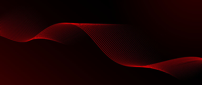Red dotted wavy pattern background. Dark red flowing wave particles concept. Tech halftone curved lines wallpaper for science banner, technology poster, presentation, booklet, flyer. Vector