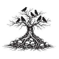 A symbolic vector illustration of a dry lifeless tree filled with perched crows, standing above scattered human skulls, designed to express darkness, horror mood, and a haunting atmosphere.