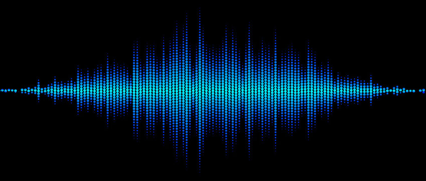 Neon blue abstract sound wave element. Dotted music equalizer shape design. Audio radio signal visualization concept. Shining digital voice assistant line pattern. Song track sample player. Vector