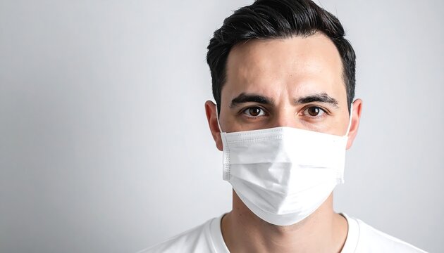 Man in white medical mask looking directly at the camera with a serious expression.