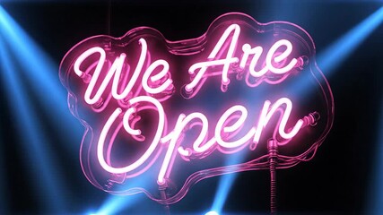 Vibrant pink neon sign illuminating a dark background with the inviting message We Are Open symbolizing new beginnings and welcoming customers to a business establishment creating an energetic and mo.