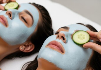 Two women relaxing with cucumber slices and blue face masks during a spa treatment session
