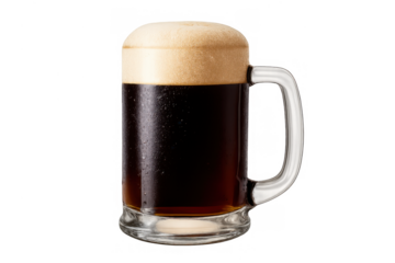 Dark beer mug with creamy foam and condensation, offering a crisp, refreshing, alcoholic beverage