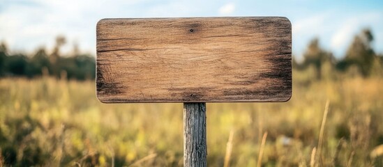 Rustic wooden signpost in field; sunny day