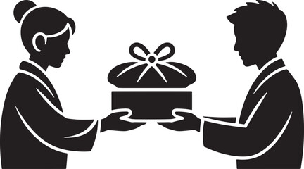 Two people silhouettes exchanging gift box with bow traditional giving and receiving ceremony art