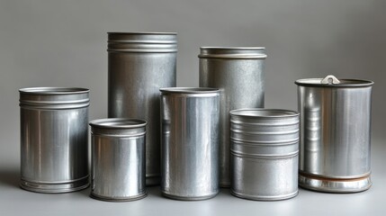 Metal cans, various sizes, studio shot, grey background, packaging