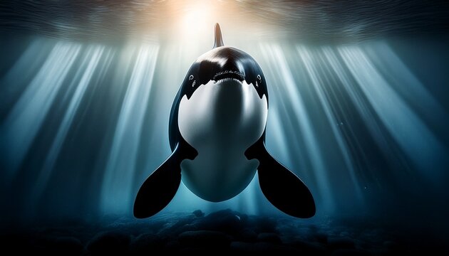 Orca En Blanco Y Negro Retrato Frontal Bajo El Oceano Orcinus Orca Iluminada Por Rayos Submarinos Composicion Vertical Silencio Del Mar Orca Solitaria En Retrato Documental