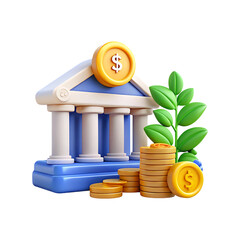 3d financial institution bank building with growing money and plant concepts transparent background