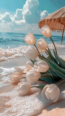 Pastel Beach Landscape with Elegant White Tulips tulips beach landscape elegant white tulips flowers