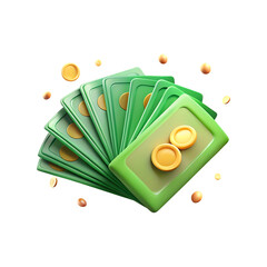 3d rendering of fan of green money bills with gold coins floating around transparent background