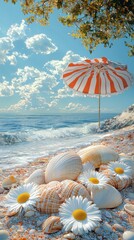 Idyllic beach scene with seashells, flowers, and umbrella umbrella beach idyllic seashells shells ai