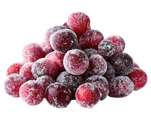 Pile of sugared cranberries, red to deep purple, covered in a frosty white coating