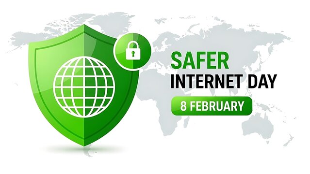 Safer internet day february 8th global security shield with lock and world map - Powered by Adobe